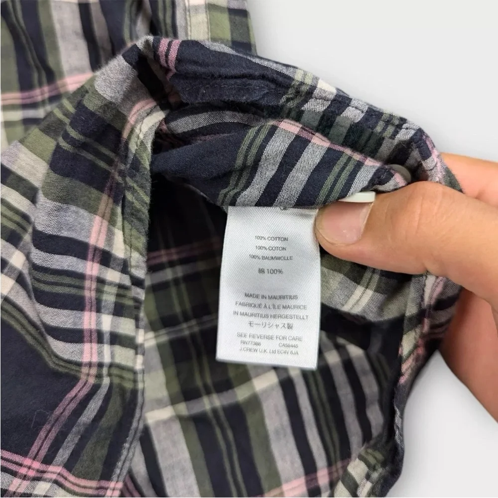 J. Crew Indian Madra Slim Fit Shirt Mens Large Green Blue Gray Plaid Pattern